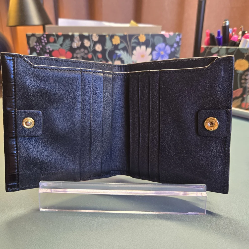 FURLA Lady M Black Croc-Embossed Compact Wallet
